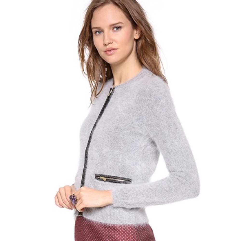 Club Monaco Angora Zip Fuzzy Cardigan Gray Small